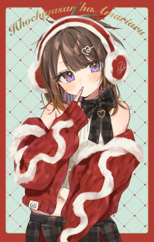 1girl absurdres bare_shoulders black_bow black_skirt blush border bow brown_hair cardigan commentary_request cowboy_shot finger_to_mouth fingernails hair_ornament hairclip headphones heart heart_hair_ornament highres long_fingernails long_hair long_sleeves looking_at_viewer misekiss nail_polish navel open_cardigan open_clothes original outside_border plaid_clothes plaid_skirt purple_eyes purple_nails red_border red_cardigan shirt skirt solo white_shirt