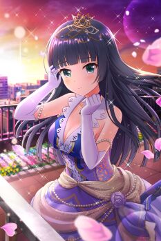 1girl absurdres alternative_girls bare_shoulders black_hair blue_dress blunt_bangs blush breasts cityscape cleavage closed_mouth cloud commentary crown dress elbow_gloves evening falling_petals flower gloves gradient_sky green_eyes highres lens_flare long_hair looking_at_viewer medium_breasts mini_crown official_art orange_sky outdoors petals pink_flower pink_petals purple_roseflower_bed purple_sky rooftop second-party_source sky sleeveless sleeveless_dress smile solo sparkle straight_hair string_of_pearls tendou_machi white_gloves