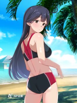 1girl ahoge ass beach bikini black_bikini black_hair blue_sky breasts brown_eyes cloud commentary_request day horizon kantai_collection logo long_hair medium_breasts multicolored_bikini north1220japan ocean outdoors second-party_source sky solo sports_bikini swimsuit tirasi_(so) two-tone_bikini ushio_(kancolle)