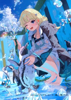 1girl animal barefoot bird blonde_hair blue_eyes blue_sky coat commentary_request day empty_pool feet holding holding_hose hose long_hair long_sleeves looking_at_animal multicolored_coat one_eye_closed open_mouth original outdoors penguin pool reflection reflective_liquid sakatsuki_yakumo sky smile solo sparkle squatting toenails toes two-tone_coat variant_set water water_drop wide_sleeves