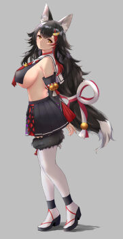 1girl absurdres animal_ear_fluff animal_ears black_hair black_sandals black_shirt black_skirt black_sleeves breasts choker closed_mouth detached_sleeves fang geta hair_ornament hairclip highres hololive large_breasts looking_at_viewer multicolored_hair ookami_mio ookami_mio_(1st_costume) red_choker red_streaks sandals shirt sideboob skirt solo streaked_hair tail thighhighs utdkaz virtual_youtuber white_thighhighs wolf_ears wolf_girl wolf_tail