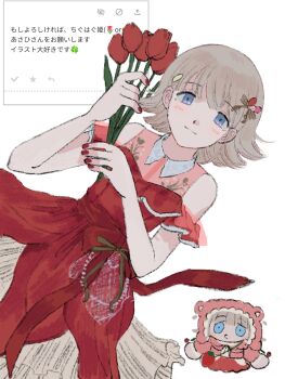 Rule 34 | 1girl, absurdres, bad id, bad twitter id, bare shoulders, blue eyes, bouquet, chibi, chibi inset, closed mouth, collared dress, dress, dutch angle, flower, grey hair, hands up, highres, holding, holding bouquet, idolmaster, idolmaster shiny colors, looking at viewer, nail polish, odaibako, red dress, red flower, red nails, request inset, serizawa asahi, short hair, simple background, sleeveless, sleeveless dress, smile, solo, subro, translation request, tulip, white background