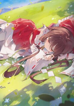Rule 34 | 1girl, absurdres, bow, brown eyes, brown hair, detached sleeves, field, hair bow, hakurei reimu, highres, japanese clothes, long hair, lying, miko, miku rasha, on side, red bow, red shirt, red skirt, shirt, sidelocks, skirt, solo, touhou, white sleeves