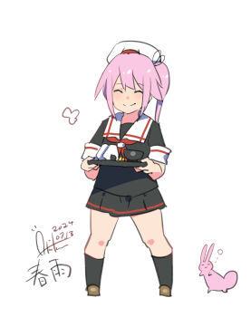 Rule 34 | 1girl, absurdres, black serafuku, black skirt, black socks, blush, bowl, brown footwear, character name, closed eyes, dated, food, harusame (kancolle), hat, highres, holding, holding plate, inica, kantai collection, long hair, neckerchief, one-hour drawing challenge, onigiri, pink hair, plate, pleated skirt, rabbit, red neckerchief, sailor collar, sailor hat, school uniform, serafuku, side ponytail, signature, skirt, smile, socks, white background, white hat, white sailor collar