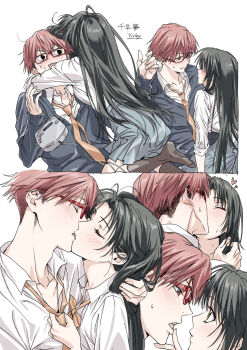 Rule 34 | <o> <o>, 1boy, 1girl, biting own lip, black hair, black socks, black sweater, blue skirt, blush, boukyaku battery, cd player, cd walkman, chihaya shunpei, closed eyes, clothes grab, commentary request, couple, curtained hair, embarrassed, finger to another's mouth, hair between eyes, hair intakes, hand on another's neck, heart, hetero, kiss, kneehighs, long hair, long sleeves, loose necktie, middle part, multiple views, necktie, necktie grab, neckwear grab, nishita, no shoes, oc x canon, open collar, open mouth, original, parted bangs, pleated skirt, red-framed eyewear, red eyes, red hair, school uniform, shirt, short hair, sidelocks, skirt, sleeves past wrists, socks, straight hair, sweatdrop, sweater, tsurime, undercut, very long hair, white background, white shirt, wing collar, yellow eyes, yellow necktie