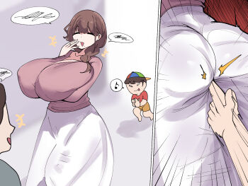 1futa 2boys ass breasts brown_hair bulge finger_in_ass futanari highres huge_breasts kanchou long_hair mature_female mole mole_under_mouth mother_and_son multiple_boys musical_note original paid_reward_available shirt skirt speech_bubble spoken_musical_note talking tongue tongue_out xesii