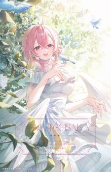 1girl ahoge angel angel_wings animal animal_on_shoulder bird bird_on_shoulder breasts dress earrings fang feathered_wings hair_between_eyes hand_up highres jewelry lily_(toosaka_asagi) looking_at_viewer medium_hair open_mouth original outdoors pink_eyes pink_hair smile solo standing toosaka_asagi white_wings wings