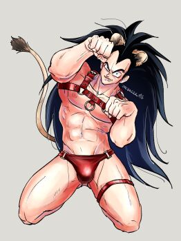 1boy abs aco_rz angry animal_ears arms_up bara bare_arms bare_legs bare_pectorals bare_shoulders belt_bra biceps big_hair black_eyes black_hair brown_fur buckle bulge chest_harness clenched_hands clenched_teeth collarbone dated dragon_ball dragonball_z fang fangs fingernails frown full_body gluteal_fold grey_background grin hands_up harness highres jewelry kemonomimi_mode kneeling large_pectorals leaning leaning_to_the_side leather lion_boy lion_ears lion_tail long_hair looking_at_viewer male_focus male_underwear mature_male muscular muscular_male navel nipples no_pants o-ring o-ring_top panties paw_pose pectorals raditz red_male_underwear red_panties red_strap red_straps seiza sharp_teeth simple_background sitting smile snarl solo spiked_hair stomach strap tail tail_raised teeth thick_eyebrows thigh_strap thighlet thighs toned toned_male topless_male underwear underwear_only uneven_eyes v-shaped_eyebrows very_long_hair