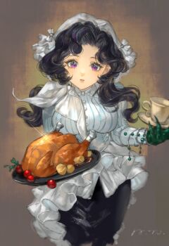 1girl absurdres anjo_nala black_hair black_skirt breasts brown_background chicken_(food) chinese_commentary commentary_request corset cowboy_shot cup food gloves green_gloves hat highres holding holding_plate holding_saucer large_breasts long_hair looking_at_viewer neckerchief parted_lips pinstripe_pattern pinstripe_shirt plate purple_eyes reverse:1999 saucer shaoshaor shirt skirt solo striped_clothes striped_shirt teacup vertical-striped_clothes vertical-striped_shirt white_coif white_corset white_hat white_neckerchief white_shirt