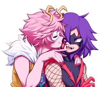 1boy 1girl absurdres ashido_mina boku_no_hero_academia colored_skin commission fur_trim hhholic highres holic_fz horns messy_hair oc_x_canon pink_hair pink_skin purple_hair red_eyes short_hair simple_background superhero_costume teeth upper_teeth_only white_background white_mask yellow_horns