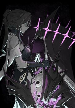 2girls artist_name black_hair blue_eyes cesar_zebrah chinese_clothes gloves hat herta_(honkai:_star_rail) highres honkai:_star_rail honkai_(series) irontomb jewelry long_hair multiple_girls necklace official_alternate_costume ruan_mei_(honkai:_star_rail) skull the_herta_(honkai:_star_rail) thigh_strap