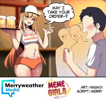2boys alcohol artist_name baseball_cap beer beer_mug black_hair blonde_hair blush cup drink femboy_hooters_(meme) hat highhighs highres hinghoi holding holding_tray hooters long_hair male_focus meme merryweather mug multiple_boys navel one_eye_closed open_mouth orange_shorts shorts tank_top thighhighs trap tray white_tank_top white_thighhighs yellow_eyes