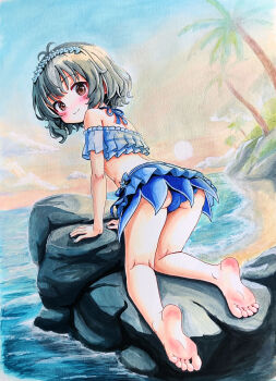1girl absurdres all_fours antenna_hair armpit_crease ass barefoot beach bikini bikini_skirt blue_bikini blush brown_eyes closed_mouth cloud cloudy_sky day feet frilled_bikini frills from_behind full_body grey_hair highres idolmaster idolmaster_cinderella_girls looking_at_viewer looking_back medium_hair narumiya_yume ocean on_rock outdoors palm_tree sky smile soles solmyr2000 solo swimsuit toes traditional_media tree