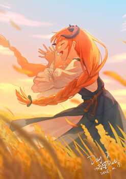 1girl absurdres arknights bagpipe_(arknights) bagpipe_(echo_of_bagpipes)_(arknights) belt black_dress black_horns bow brown_belt chinese_commentary closed_eyes commentary_request dress frilled_sleeves frills from_side green_bow hair_bow hands_up highres horns kurokami_nekoya long_hair open_mouth outdoors pinafore_dress sky sleeveless sleeveless_dress smile solo very_long_hair wheat wheat_field white_dress