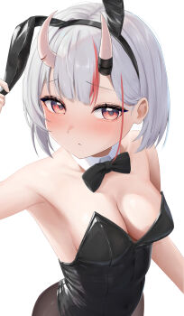 1girl absurdres alternate_costume animal_ear_hairband animal_ears armpits bare_shoulders black_bow black_bowtie black_leotard black_pantyhose blush bow bowtie breasts cleavage closed_mouth commentary covered_navel detached_collar fake_animal_ears grey_hair hairband hand_up highres hololive horns kakinotane_e leotard looking_at_viewer medium_breasts multicolored_hair nakiri_ayame oni pantyhose rabbit_ear_hairband rabbit_ears red_eyes red_hair simple_background skin-covered_horns solo strapless strapless_leotard streaked_hair symbol-only_commentary traditional_bowtie virtual_youtuber white_background