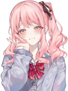 1other :d aimi_(mimi_nii2) akiyama_mizuki arm_at_side black_bow blush bow bowtie buttons cable_knit cardigan collared_shirt crying crying_with_eyes_open diagonal-striped_bow diagonal-striped_bowtie diagonal-striped_clothes double-parted_bangs drill_hair drill_sidelocks fingernails grey_cardigan grin hair_between_eyes hair_bow hair_over_shoulder hand_on_own_cheek hand_on_own_face hand_up hashtag-only_commentary head_tilt high_side_ponytail highres kamiyama_high_school_uniform_(project_sekai) long_hair long_sleeves looking_at_viewer open_mouth other_focus pink_eyes pink_hair project_sekai puffy_long_sleeves puffy_sleeves raised_inner_eyebrows red_bow red_bowtie school_uniform shirt side_drill side_ponytail sidelocks simple_background smile solo straight-on striped_bow striped_bowtie striped_clothes tears two-tone_bow upper_body white_background white_bow white_shirt