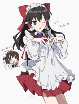 2girls absurdres apron ascot blue_ascot bow brown_eyes brown_hair camera commentary_request four-finger_heart_hands frilled_bow frilled_hair_tubes frills hair_bow hair_tubes hakurei_reimu hat heart heart_hands highres holding holding_camera kappougi long_hair maid_headdress multiple_girls one_eye_closed open_mouth pom_pom_(clothes) red_bow red_eyes red_hat red_skirt shameimaru_aya skirt skirt_set smile tokin_hat touhou translation_request uehara_suiyo white_apron