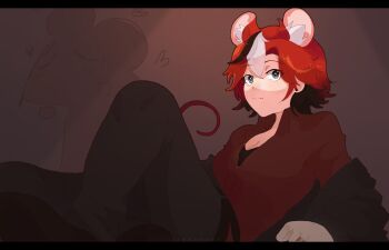 Rule 34 | 1girl, alternate costume, alternate hair length, alternate hairstyle, animal ear fluff, animal ears, artist name, black bra, black hair, black shoes, bra, closed mouth, commentary, eighth note, english commentary, eyelashes, gold ring, grey pants, hakos baelz, heart, highres, hololive, hololive english, letterboxed, long sleeves, lucesamaaa, mouse (animal), mouse ears, mouse girl, mouse tail, multicolored hair, musical note, off shoulder, pants, red hair, red shirt, shirt, shoes, solo, tail, underwear, virtual youtuber, white hair