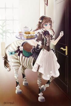 1girl apron aqua_eyes black_skirt bow braid bread breasts brown_bow brown_corset brown_hair brown_hairband brown_shirt centaur center_frills closed_mouth commentary_request corset cup door flower food frills full_body gloves hairband highres holding holding_tray hooves indoors knocking long_hair low_twin_braids maid maid_apron medium_breasts monster_girl multiple_legs original puffy_short_sleeves puffy_sleeves rose saddle shadow shirayujk shirt short_sleeves sidelocks skirt solo standing standing_on_three_legs swept_bangs tail taur tea teacup teapot tray twin_braids twitter_username white_apron white_flower white_gloves white_rose zebra_girl zebra_tail