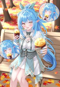Rule 34 | 1girl, autumn, autumn leaves, bench, blue hair, blue nails, blush, breasts, chair, closed eyes, commentary request, cowboy shot, dress, eating, elf, erin (sherryseraph), fingernails, food, hair ribbon, high ponytail, highres, holding, holding food, hololive, large breasts, leaf, long hair, looking at viewer, nail polish, one eye closed, pointy ears, ponytail, ribbon, roasted sweet potato, sitting, sweet potato, virtual youtuber, watermark, white dress, wooden chair, yukihana lamy, yukihana lamy (5th costume)