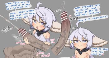 1boy 1girl bar_censor basukechi breasts censored cum ejaculation english_text granblue_fantasy grey_background handjob heart huge_penis loli looking_at_penis nipples penis simple_background small_breasts wamdus_(granblue_fantasy)