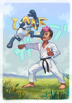 &gt;_&lt; 1boy absurdres alternate_color barefoot black_sash clenched_hands closed_eyes clothed_pokemon cloud commentary_request day gen_4_pokemon grass highres jacket lucario male_focus nintendo open_mouth outdoors pants pokemon pokemon_(anime) pokemon_(creature) pokemon_journeys pxl_(pxltw) roy_(pokemon) sash shiny_pokemon short_hair sky squatting tearing_up teeth toes tongue upper_teeth_only white_jacket white_pants