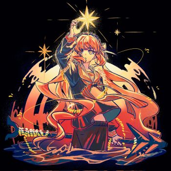 1girl black_background black_shirt bow brown_hairband freckles hair_bow hairband highres holding_harpoon ishmael_(project_moon) limbus_company long_hair long_sleeves looking_at_object neckerchief orange_hair project_moon sailor_collar shiqicheng shirt simple_background snagharpoon_(e.g.o) solo standing star_(symbol) striped_neckerchief upper_body water white_bow white_sailor_collar yellow_eyes