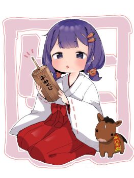 1girl 2026 bear_hair_ornament blush carrot_hair_ornament chinese_zodiac commentary_request flat_chest food-themed_hair_ornament full_body hair_ornament japanese_clothes looking_at_viewer medium_hair miko nakajima_lupus new_year omikuji open_mouth original purple_eyes purple_hair seiza sitting solo stuffed_animal stuffed_toy year_of_the_horse