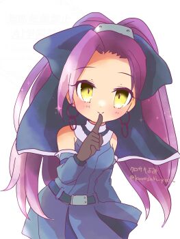 1girl ahoge artist_name belt blue_bow blue_dress blue_sleeves bow breasts brown_gloves detached_sleeves dress emil_chronicle_online finger_to_mouth gloves hair_bow highres huge_ahoge kurosaki_yomi large_bow long_hair looking_at_viewer medium_breasts mokuju_alma ponytail shushing sleeveless sleeveless_dress solo split_ponytail twitter_username white_background yellow_eyes