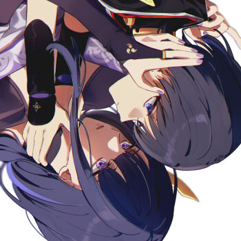 1boy 1girl braid bridal_gauntlets close-up commentary_request genshin_impact long_hair looking_at_another low-braided_long_hair low-tied_long_hair mitsudomoe_(shape) mother_and_son nekoshin_kagari open_mouth purple_eyes purple_hair raiden_shogun scaramouche_(genshin_impact) simple_background tomoe_(symbol) white_background