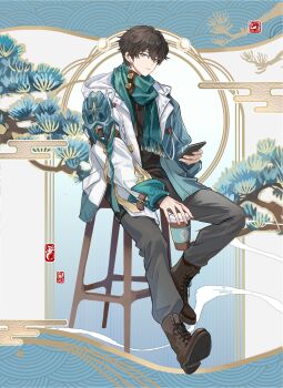 1boy achyue black_hair black_shirt boots brown_boots brown_hair cellphone closed_mouth commentary_request cup dan_heng_(honkai:_star_rail) disposable_cup drinking_glass earrings egasumi full_body grey_pants hair_between_eyes highres holding holding_cup holding_phone honkai:_star_rail honkai_(series) jacket jewelry lace-up_boots long_sleeves looking_at_viewer male_focus open_clothes open_jacket pants phone scarf seigaiha shirt short_hair sitting smartphone solo stool white_jacket