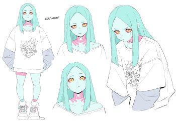 1girl absurdres aqua_hair aqua_skin collarbone colored_sclera colored_skin commentary cyberpunk:_edgerunners cyberpunk_(series) english_commentary green_eyes grey_sweater highres hunched_over leg_tattoo neck_tattoo off_shoulder oversized_clothes petite rebecca_(cyberpunk) red_sclera shirt shoes sidelocks signature sweater sweater_under_shirt t-shirt tattoo untied_shoelaces v-shaped_eyebrows virtuware white_shirt white_shoes