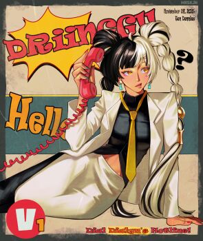 1girl ? absurdres alternate_costume aqua_nails artist_name black_border black_hair black_shirt border braid braided_twintails character_name coat commentary corded_phone dialyn_(zenless_zone_zero) earrings english_commentary english_text green_background hair_ornament hairclip half-closed_eye hand_on_floor highres holding holding_phone jewelry long_hair long_skirt looking_to_the_side midriff_peek mrskjn multicolored_hair multicolored_nails necktie parted_lips phone red_nails shirt sitting skirt solo split-color_hair two-tone_background white_background white_coat white_hair white_skirt wire yellow_eyes yellow_necktie yokozuwari zenless_zone_zero