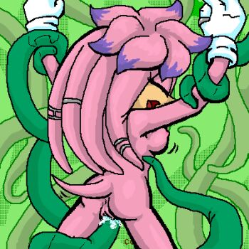 1girl anus artist_request ass breasts closed_eyes from_behind furry furry_female gloves green_background jaggy_lines julie-su lowres nipples pink_fur pussy restrained sonic_(series) source_request tail tentacle_sex tentacles tickle_torture tickling uncensored