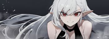 1girl absurdres bare_shoulders breasts cleavage closed_mouth commentary falling_petals floating_hair grey_background grey_hair hair_between_eyes highres large_breasts long_hair long_pointy_ears looking_at_viewer original petals pointy_ears red_eyes rusellunt sleeveless slit_pupils smile solo split_mouth upper_body v-shaped_eyebrows vampire_(gogalking)