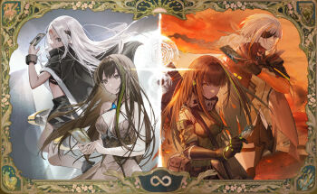 Rule 34 | 4girls, artist request, black eyes, black gloves, black hair, black skirt, border, braid, braided ponytail, breasts, card, closed mouth, dress, elisa (girls' frontline), eyepatch, girls' frontline, gloves, green hair, highres, holding, holding card, large breasts, long hair, looking ahead, looking at viewer, lunasia (girls' frontline), m16a1 (boss) (girls' frontline), m16a1 (girls' frontline), m4a1 (girls' frontline), m4a1 (mod3) (girls' frontline), multicolored hair, multiple girls, official art, one eye covered, orange hair, sangvis ferri, skirt, streaked hair, tarot, tarot card, thigh strap, white hair