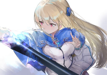 1girl absurdres blonde_hair blue_capelet capelet commentary_request hair_ornament heaven_burns_red hieno_hiro highres long_hair red_eyes school_uniform shirakawa_yuina simple_background