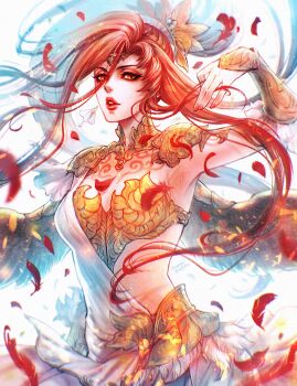 1girl absurdres armpits azeyma bandeau border chest_tattoo circlet collar commentary cowboy_shot falling_feathers feather_trim feathered_wings feathers final_fantasy final_fantasy_xiv hand_up head_wreath high_ponytail highres jewelry laurel_crown leki_ixion long_hair looking_at_viewer mixed-language_commentary neck_ring parted_lips ponytail red_border red_hair solo tattoo upper_body vambraces white_background wings yellow_eyes