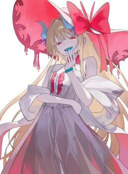 1girl absurdres aqua_horns aqua_tongue bare_shoulders blonde_hair bow bowtie commentary commission dress feet_out_of_frame hair_ribbon half-closed_eyes hand_up hat hat_ribbon highres horns large_hat long_dress long_hair long_sidelocks looking_at_viewer multicolored_hat nbee_ya off_shoulder open_clothes open_mouth open_robe original purple_ribbon red_bow red_bowtie red_eyes red_hat red_ribbon ribbon robe sharp_teeth sidelocks simple_background sleeveless sleeveless_dress solo teeth two-tone_hat upper_teeth_only white_background white_dress white_hat white_robe wide_sleeves