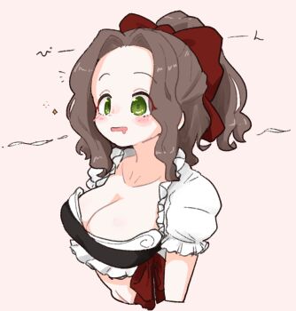 1girl blush bow breasts brown_hair cleavage cropped_torso drooling forehead frilled_shirt frills green_eyes hair_bow highres large_breasts long_hair looking_ahead mouth_drool olto_rondo open_mouth original pink_background raised_eyebrows red_bow shirt short_sleeves simple_background solo white_shirt