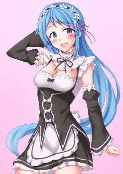 Rule 34 | 1girl, alternate costume, anti (untea9), blue eyes, blue hair, blush, breasts, cleavage, cosplay, detached sleeves, dress, frills, hair ornament, hair ribbon, highres, kantai collection, long hair, looking at viewer, maid, maid headdress, open mouth, pink background, re:zero kara hajimeru isekai seikatsu, rem (re:zero), rem (re:zero) (cosplay), ribbon, roswaal mansion maid uniform, samidare (kancolle), small breasts, smile, solo, very long hair, x hair ornament