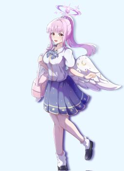 1girl :d alternate_costume alternate_hairstyle aqua_background bag black_shoes black_skirt blue_archive blue_bow blue_bowtie blunt_bangs blush bow bowtie chinese_commentary commentary_request corrupted_twitter_file eyelashes feathered_wings floating_hair floral_print floral_print_skirt full_body hair_ornament hair_scrunchie halo handbag hands_up happy highres knees_together_feet_apart loafers long_hair looking_at_viewer loose_socks low_wings medium_skirt mika_(blue_archive) open_mouth pink_bag pink_hair pink_halo pleated_skirt ponytail print_bow print_bowtie print_skirt school_uniform scrunchie shirt shoes short_sleeves shubun_(user_gxsx8757) sidelocks simple_background skirt smile socks solo standing standing_on_one_leg star_(symbol) star_print white_shirt white_socks white_wings wings wrist_scrunchie yellow_eyes