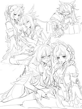 breast_sucking breasts chibi clothed_sex columbina_(genshin_impact) cunnilingus fingering genshin_impact hashtag-only_commentary highres large_breasts monochrome oral rinoovo sandrone_(genshin_impact) spread_legs yuri