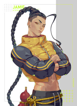 Rule 34 | abs, absurdly long hair, belt, black pants, braid, brown eyes, character name, closed mouth, collared jacket, commentary, cowboy shot, cropped jacket, crossed arms, dark-skinned male, dark skin, earrings, english commentary, eyelashes, gourd, groin, highres, jacket, jamie siu, jewelry, long hair, looking at viewer, midriff, navel, official alternate costume, pants, piercing, rope belt, single bang, single braid, street fighter, street fighter 6, striped clothes, stud earrings, talgi, vertical-striped sleeves, very long hair, yellow belt, zipper, zipper pull tab