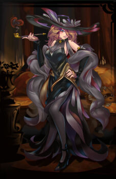 blonde_hair breasts character_request claws cleavage detached_sleves feathered_hat fluffy gen_3_pokemon hair_over_one_eye hat high_heels kaizeru kiseru muted_color nintendo original pokemon pokemon_(creature) red_eyes shawl smirk smoking smoking_pipe zigzagoon