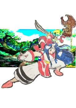 1girl ainu_clothes arms_up bird blue_eyes blue_hair breasts character_name fingerless_gloves gloves hair_ribbon highres legs long_hair looking_at_viewer mamahaha medium_breasts nakoruru open_mouth outstretched_arm pants ribbon samurai_spirits smile snk squatting the_king_of_fighters thighs tongue traditional_media victory_pose weapon