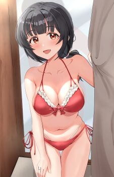 1girl :d absurdres aged_up alternate_breast_size_(larger) bikini black_hair blush bow bow_bikini breasts commentary_request cowboy_shot frilled_bikini frills hand_on_own_thigh hand_up highres idolmaster idolmaster_million_live! jewelry large_breasts layered_bikini long_hair looking_at_viewer low-tied_long_hair nakatani_iku navel open_mouth orange_eyes red_bikini ring side-tie_bikini_bottom smile solo standing stomach swimsuit tanukiinu005 wispy_bangs