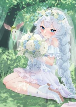 1girl absurdres bird blue_eyes blush bouquet braid bush closed_mouth commentary_request dress elbow_gloves flower flower_hairband fluffy_hair gloves goddess_of_victory:_nikke grass head_wreath highres holding holding_bouquet kozakana_shiyo long_hair looking_at_viewer off-shoulder_dress off_shoulder outdoors poli_(nikke) shoes short_eyebrows single_braid sitting socks tree veil very_long_hair wariza white_dress white_gloves white_hair white_shoes white_socks