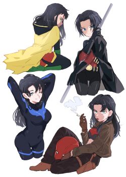 4girls absurdres aonano_db arms_up black_bodysuit black_cape bodysuit cape cigarette cropped_legs damian_wayne dc_comics dick_grayson genderswap genderswap_(mtf) highres holding holding_polearm holding_weapon jason_todd kneeling looking_back mask midriff multiple_girls nightwing one_eye_closed polearm red_hood red_robin robin_(dc) smile smoking tim_drake weapon white_background yellow_cape