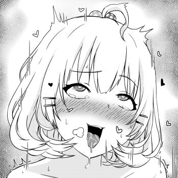 1girl ahegao ahoge blush bob_cut commentary drooling english_commentary facing_viewer greyscale hair_bobbles hair_ornament hairclip heart highres millie_parfait monochrome motion_lines nijisanji nijisanji_en nose_blush open_mouth portrait puff_of_air rolling_eyes saliva saliva_trail short_hair simple_background solo sweat tears tongue tongue_out twitching virtual_youtuber yarashi_thought